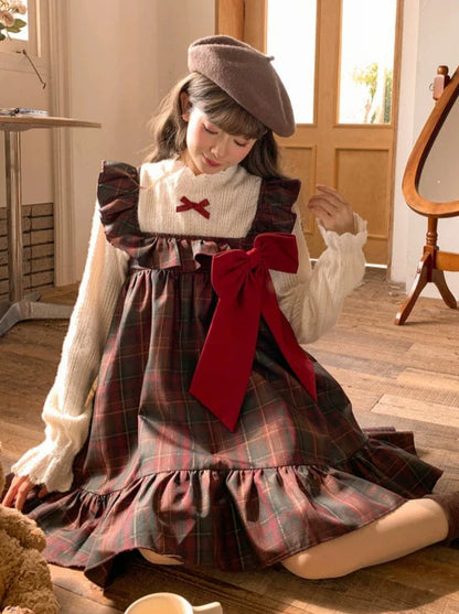 チェックフリルビッグリボンドレス