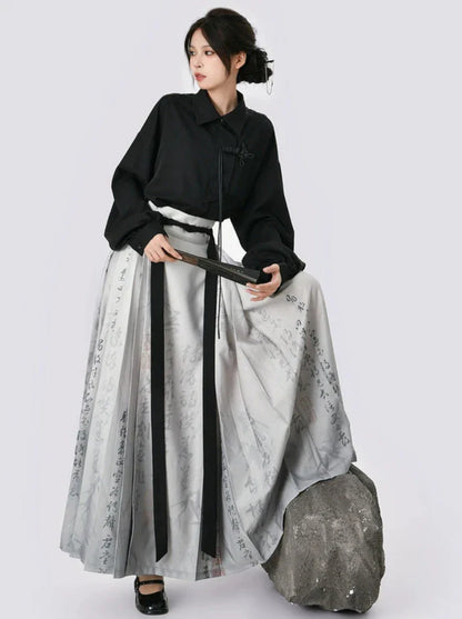 Langes schwarz-graues Hemd, China-Rock-Print + Retro