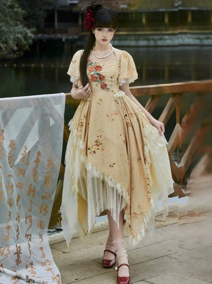 Elegante Träger Quadratischer Kragen Rose Off-the-Shoulder Kleid Unregelmäßig