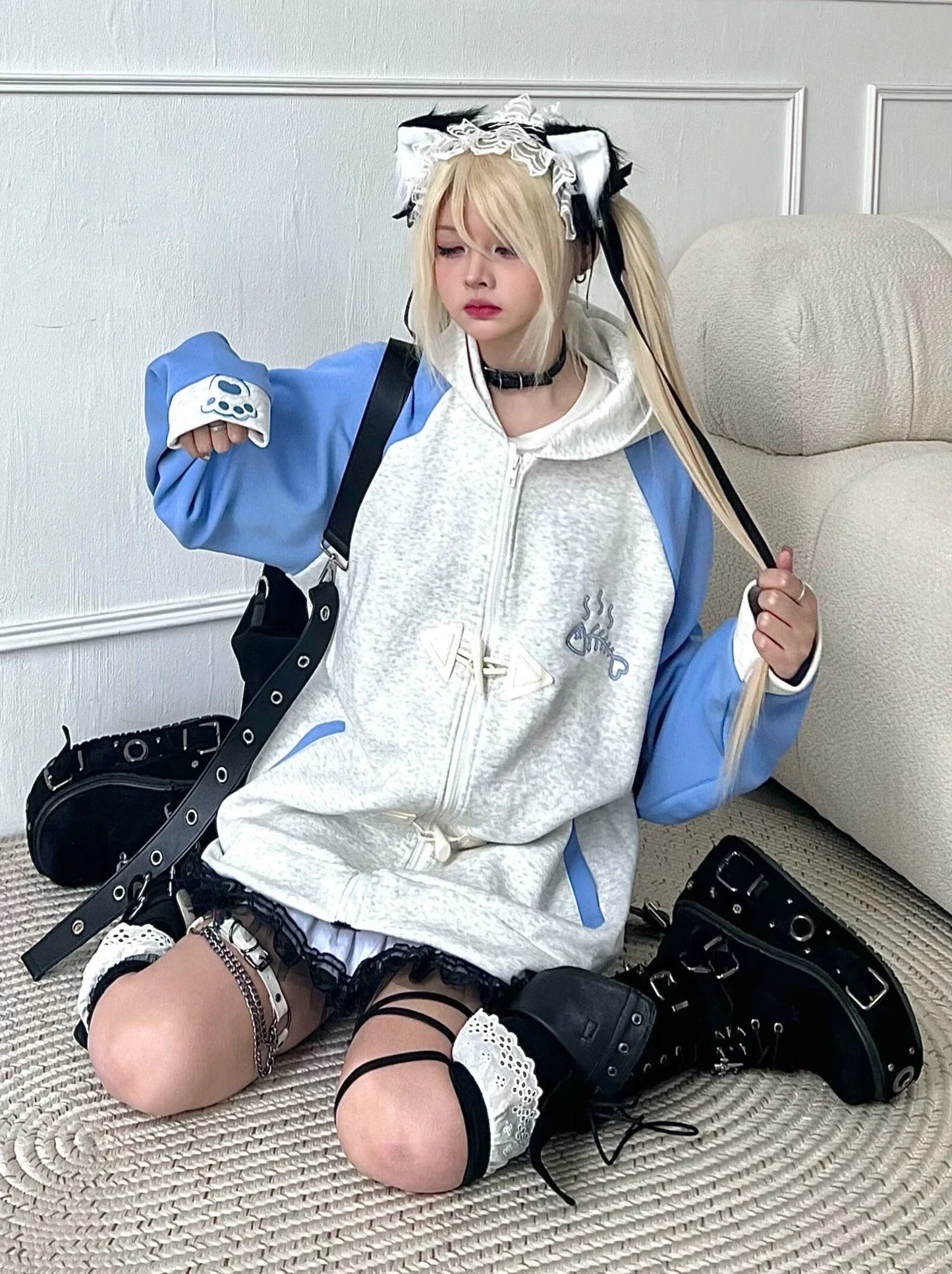 Collar Hood Hoodie Contrast Button Cat Ear Zip Horn