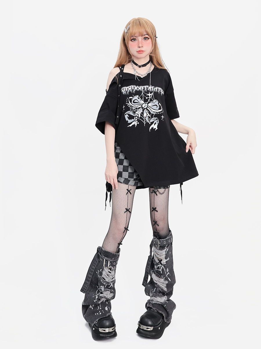 Off-the-shoulder Slit Punk T-shirt Loose