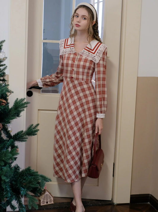 Check Collar Retro Sailor French Dress