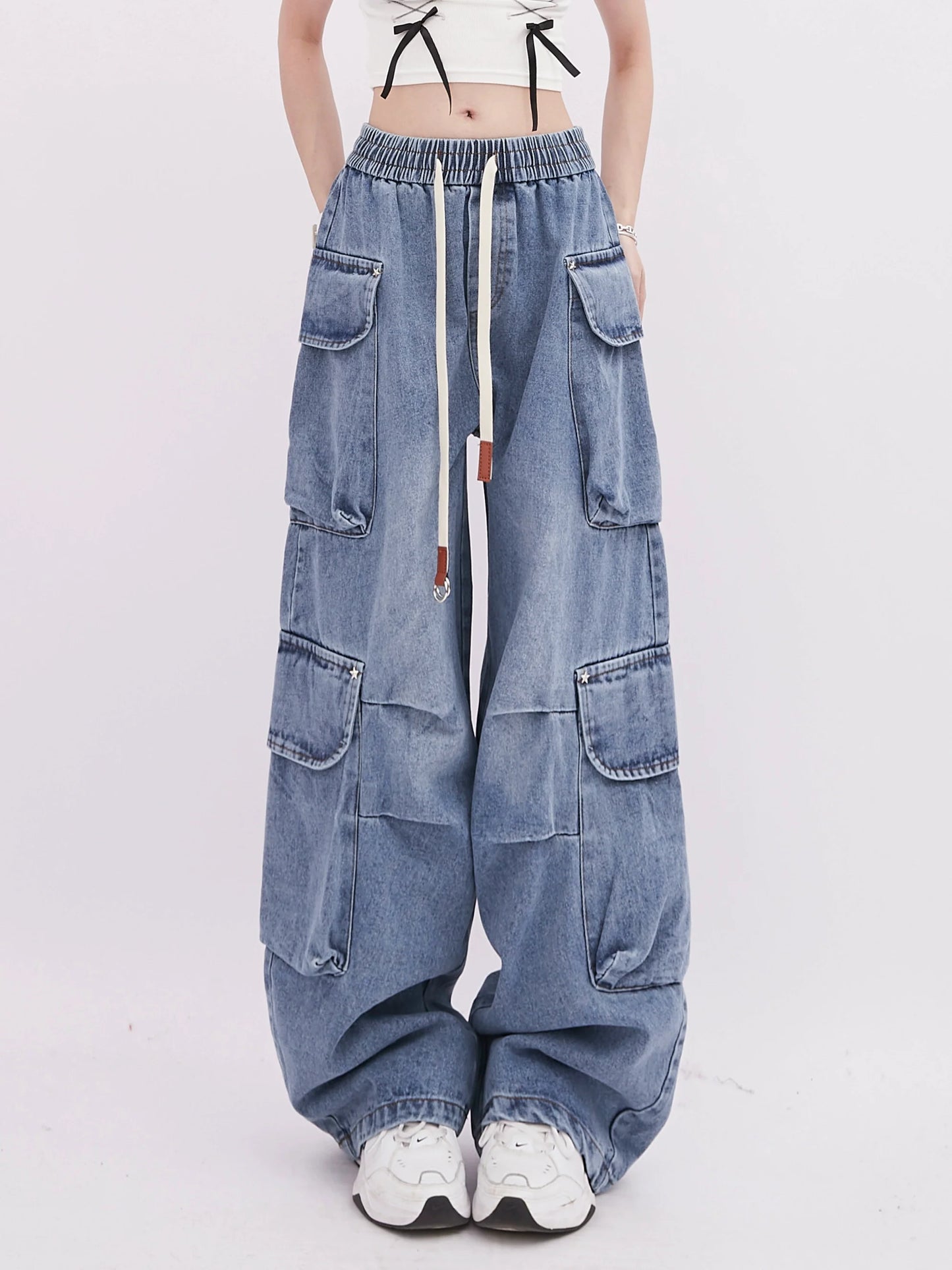 Casual Denim Pocket Wide Pants