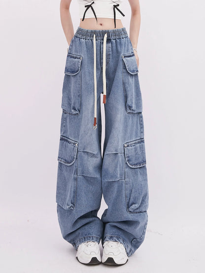 Casual Denim Pocket Wide Pants