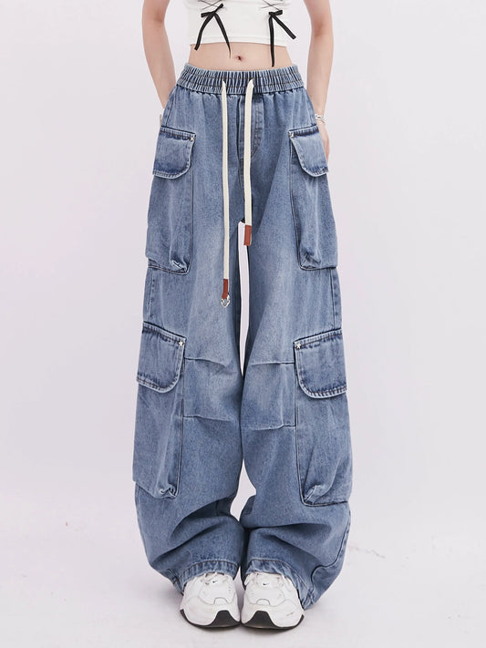 Casual Denim Pocket Wide Pants