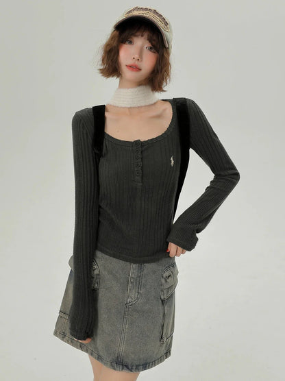 T-Stil, langer U-Ausschnitt, koreanisch