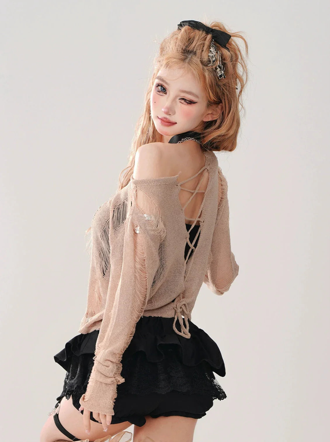 Kurzes Top zerrissen + gestrickt Off-Shoulder Schnürtop Rückenschlauch