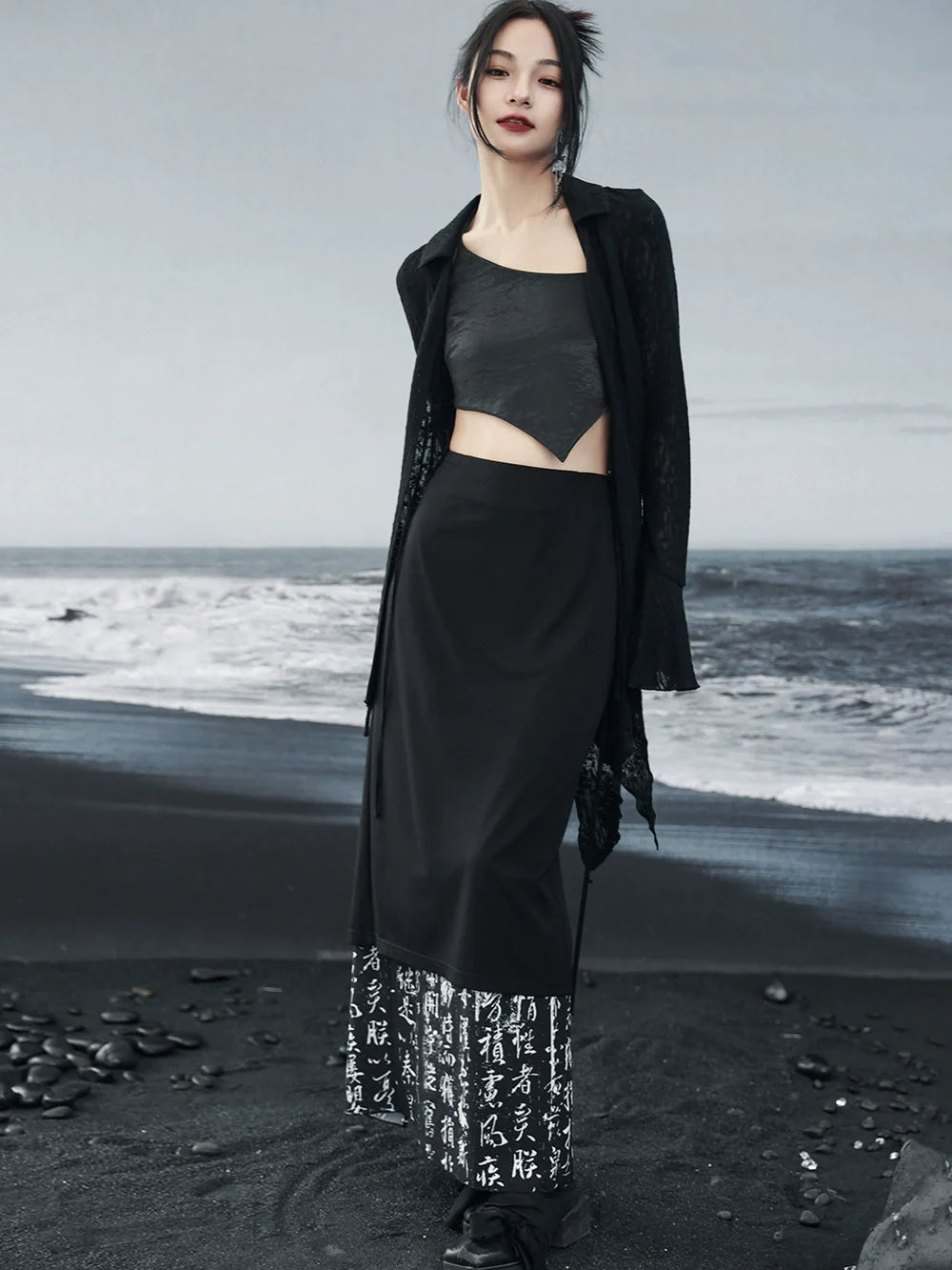 シフォンウエストスプライスロングプリントスリットスカートロー