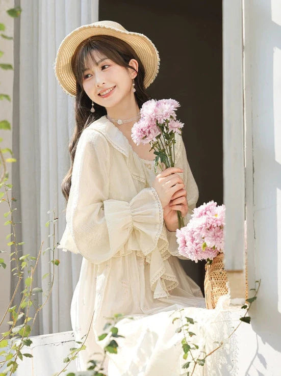 ショルダーフリルフリルフローラルレースドレスプリントジャケットロマンチック