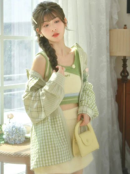 カジュアルミントショートシャツ+スカートインナーチェックニットスウィート