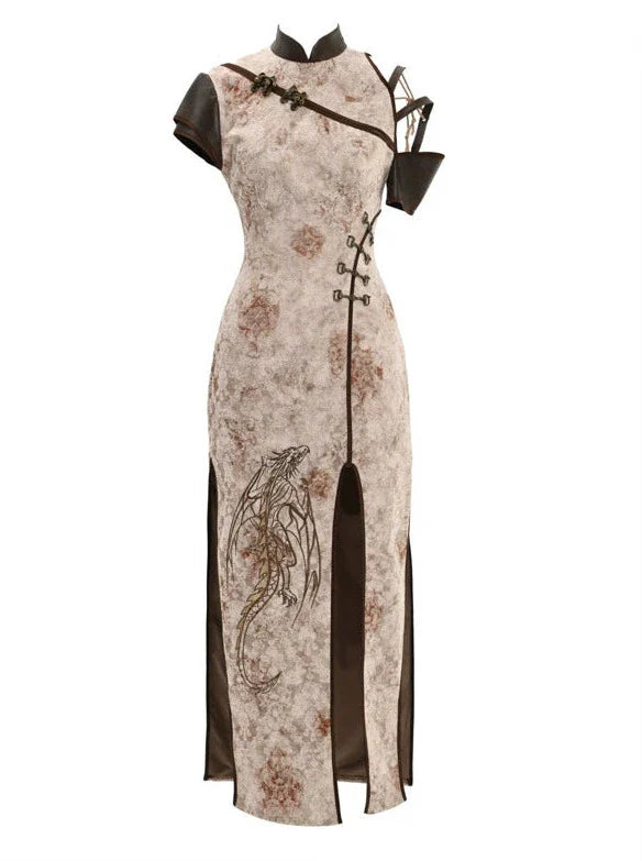 スリット入りストラップレス刺繍パンクチャイナレトロドレスドラゴン