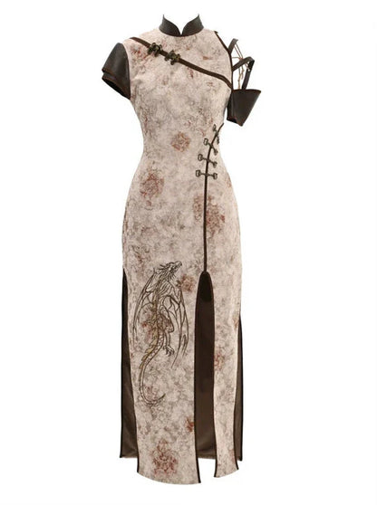 スリット入りストラップレス刺繍パンクチャイナレトロドレスドラゴン