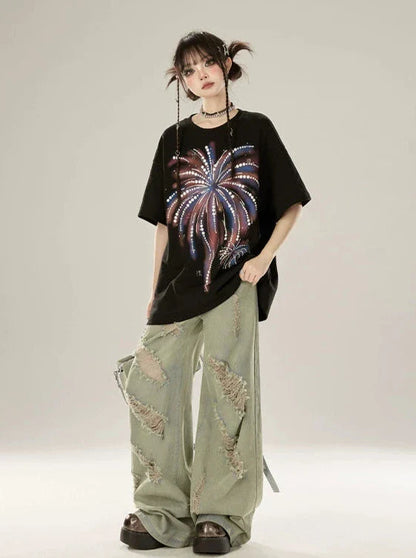 Loose T-shirt Fireworks Black Print