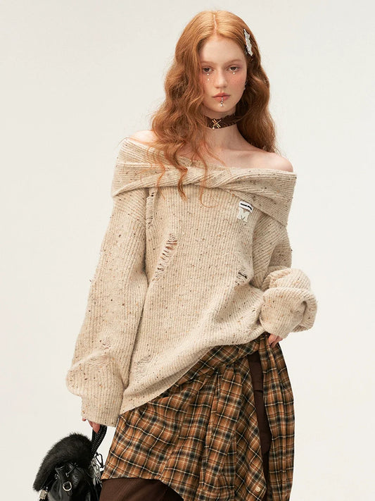 オフショルダーニット ルーズダメージ