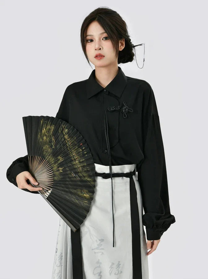 Langes schwarz-graues Hemd, China-Rock-Print + Retro