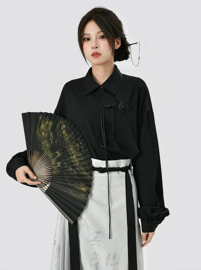 Langes schwarz-graues Hemd, China-Rock-Print + Retro