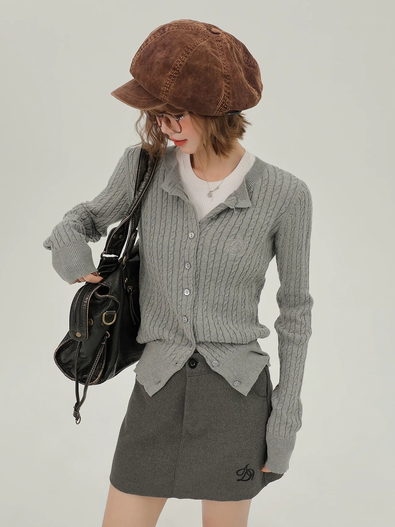 アメリカンレトロラウンドネックスリムニットカーディガン