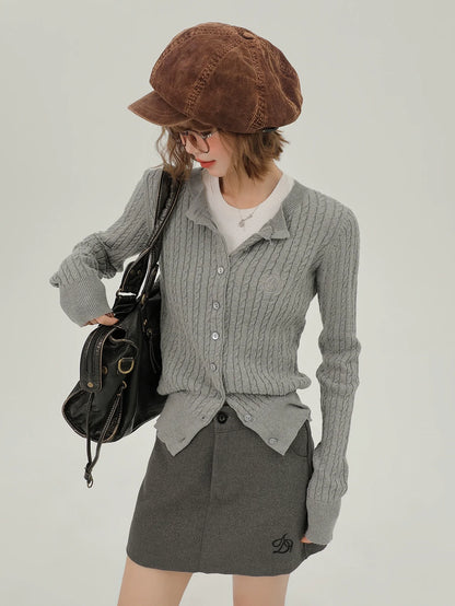 アメリカンレトロラウンドネックスリムニットカーディガン