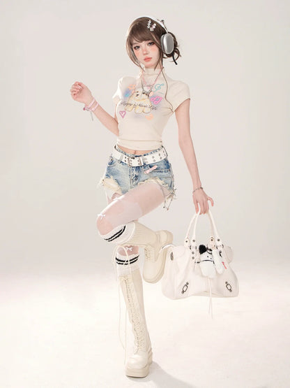 American Short T-Shirt Print Neck High Dog Little Cutie