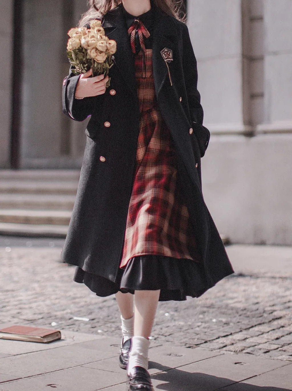 Ruffle Black Accessories Suit Ruffle Shoulder Ribbon + Sleeve Shirt + Retro Elegant Dress Check Layered