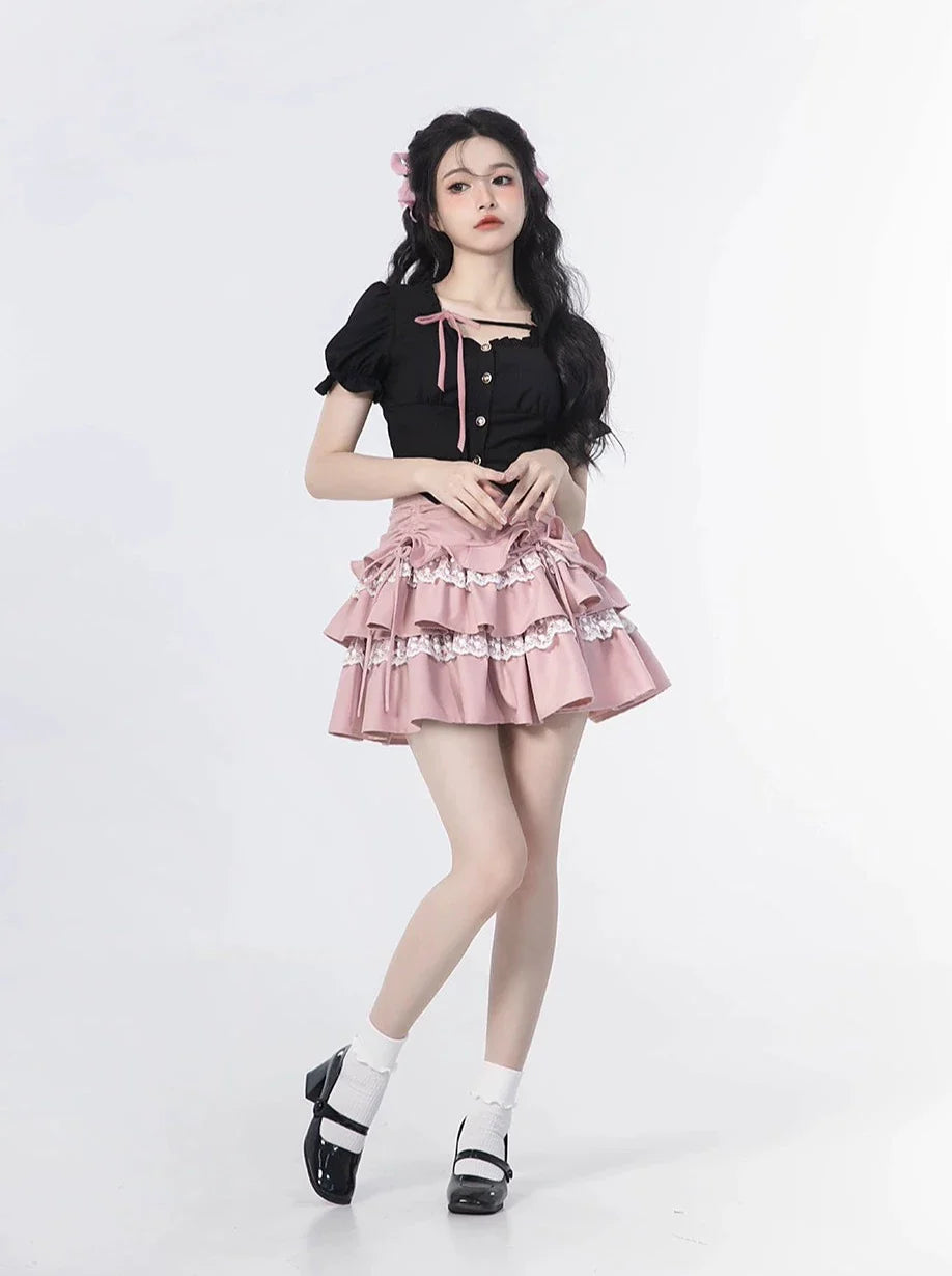 Ärmel + Rock Kuchen Quadrat Spitze Top Rüschen Hals Puff