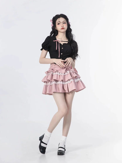 Ärmel + Rock Kuchen Quadrat Spitze Top Rüschen Hals Puff