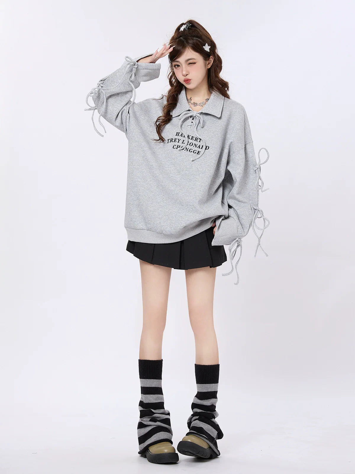 Polo Strap Design Sweatshirt Loose Collar