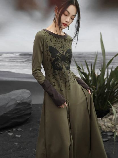 Slim Kanji Butterfly Print Long Dress