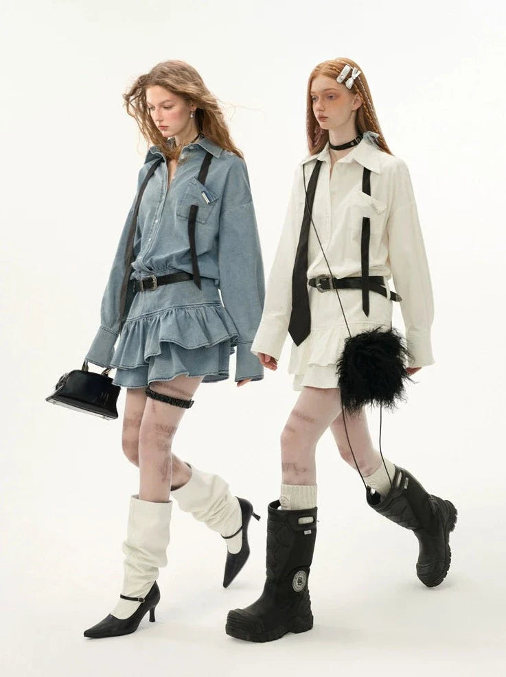 Kleid Rüschenhemd Revers Slim