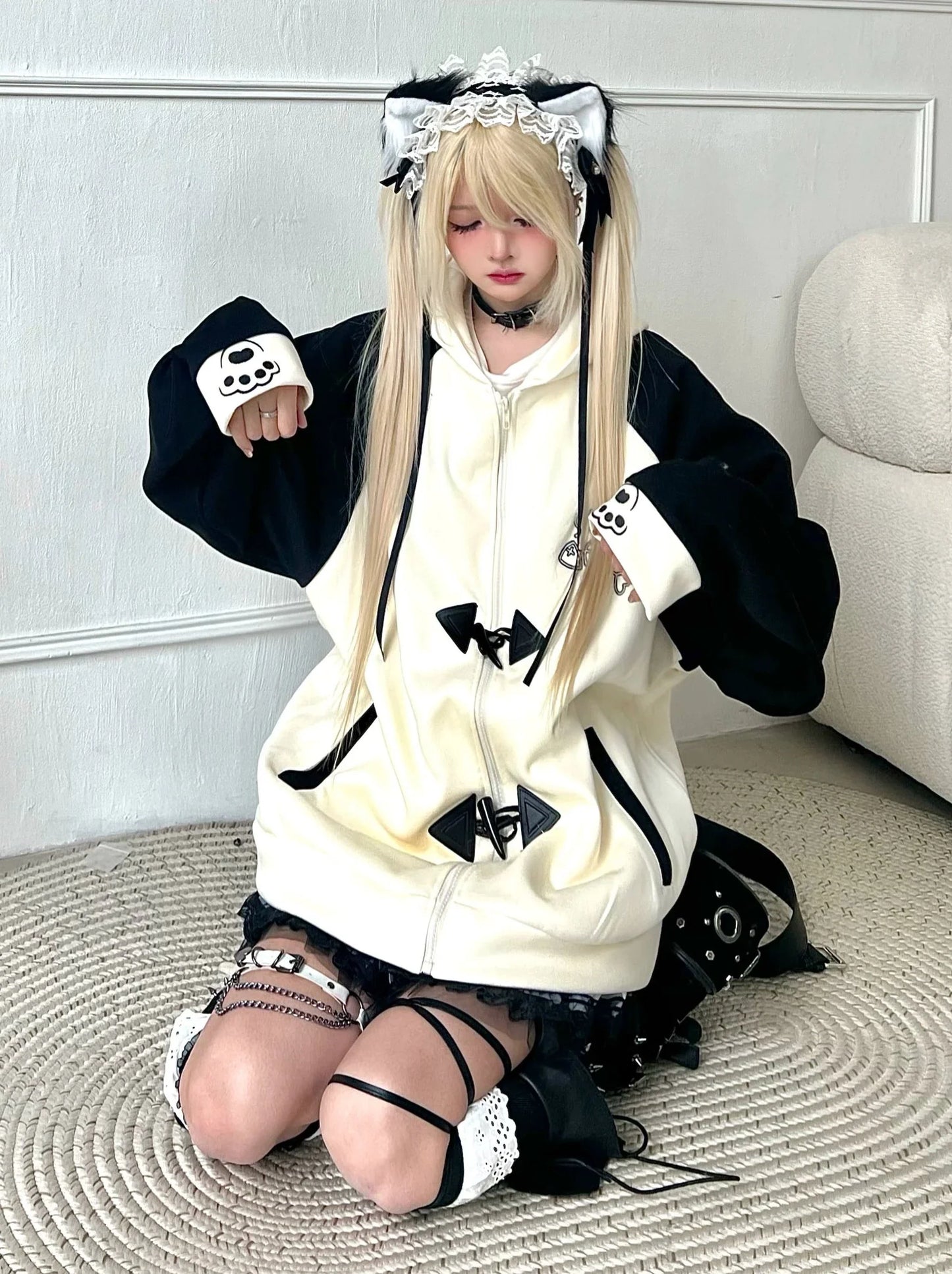 Collar Hood Hoodie Contrast Button Cat Ear Zip Horn