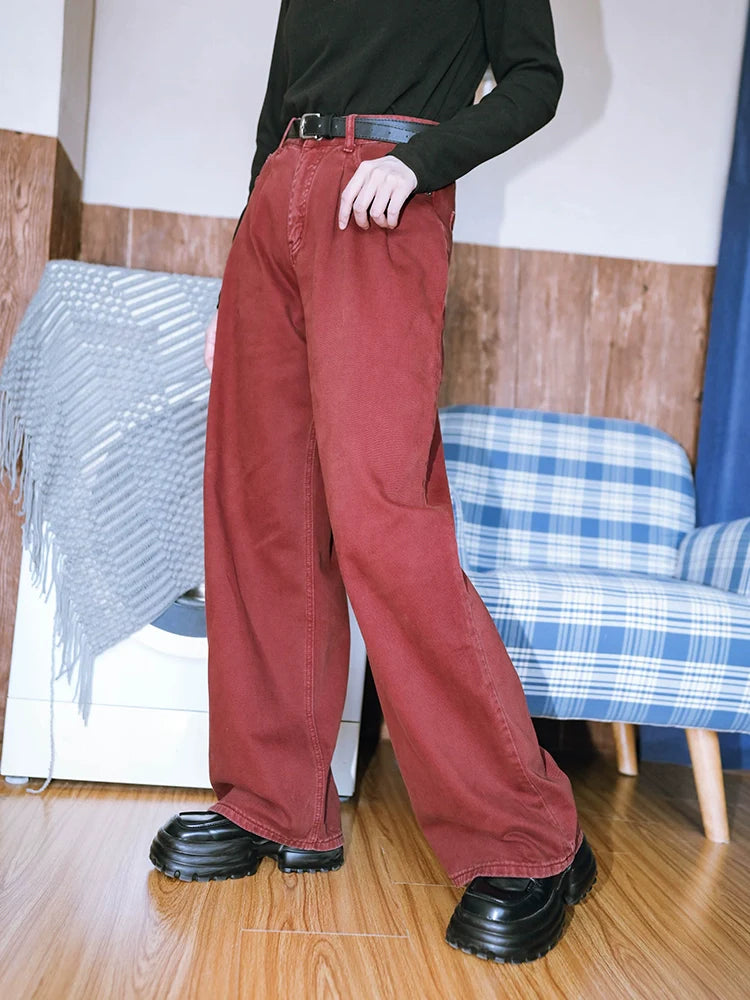 Red Denim Wide Straight