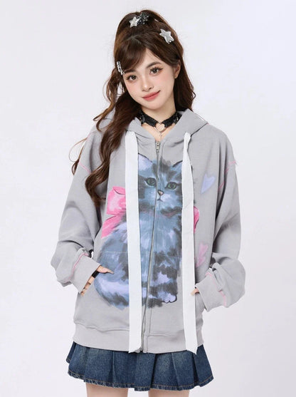 Zip-Up Hood Retro Ribbon Hoodie Ear Cat