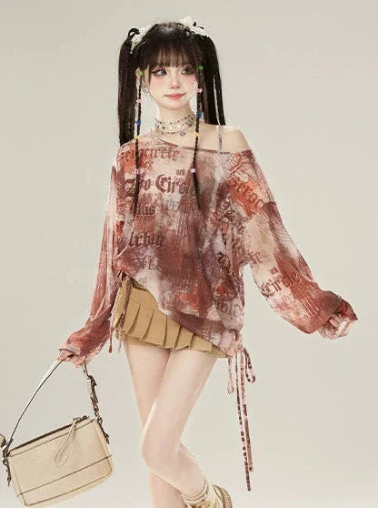 Print Drawstring Off-the-shoulder Digital American Shirt