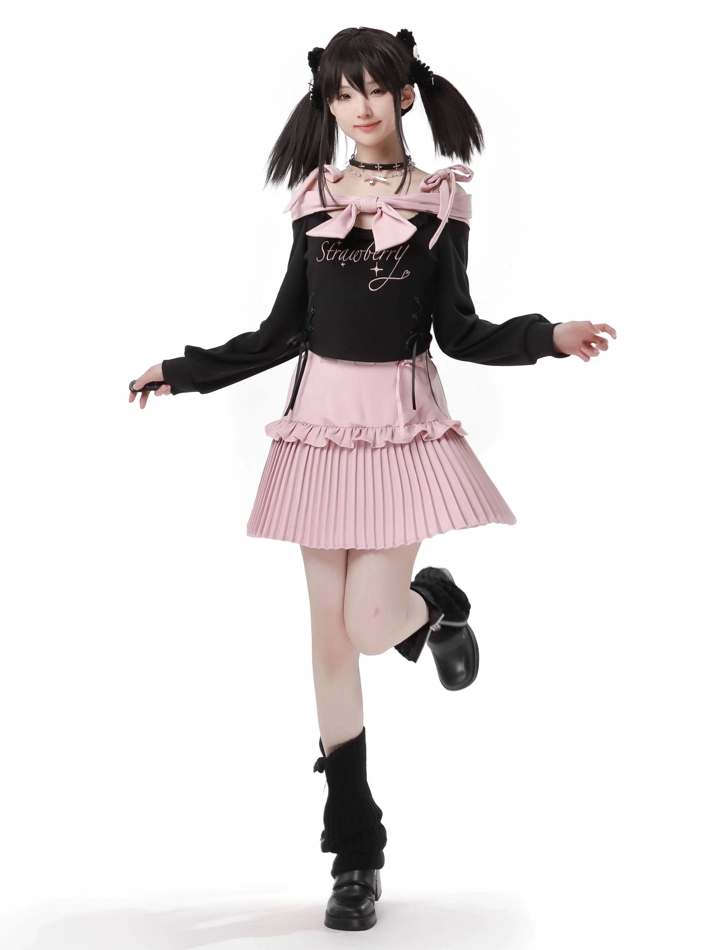 Knit Pink Ribbon + Straps Black Off-Shoulder Top