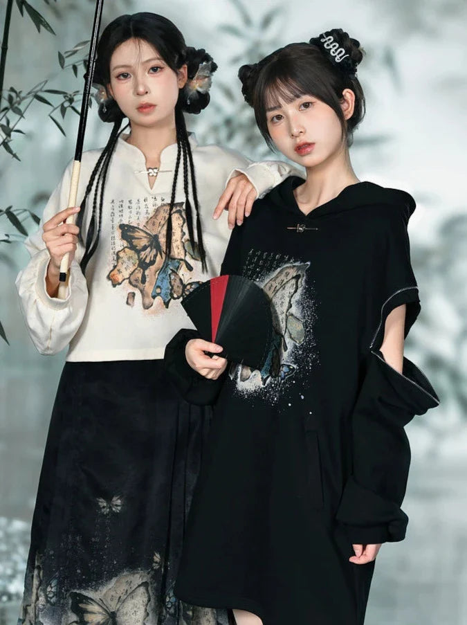 Sweat-shirt chinois zippé + parka noire à capuche courte avec motif papillon