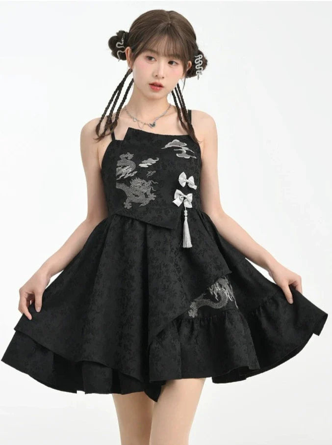 カーディガンドラゴンシックチャイナドレス+ショートモードスリーブパフ