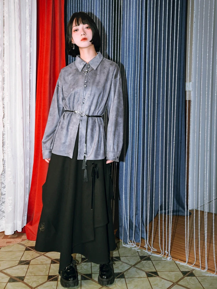 プリントスエードチャイナドラゴンシャツレトロ