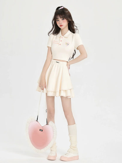 バックスタイルカラーポロリボンスカートシャツバレエショート