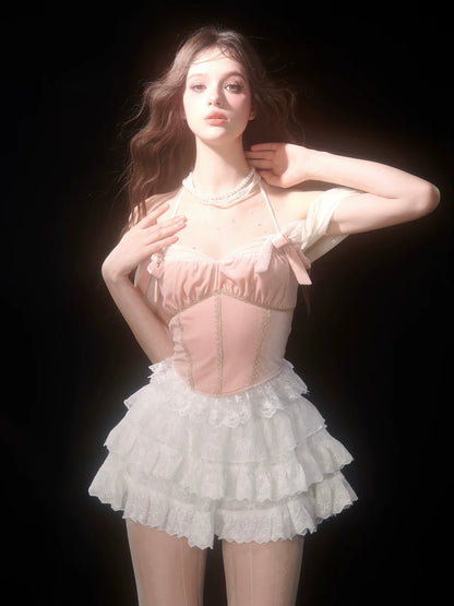 レースホワイトオフショルダーケーキスタイル+バレエスカートトップピンクベルベットストラップ