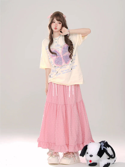 チェック+リボン Aライン Aライン ドットスカート ロングスカート ロング