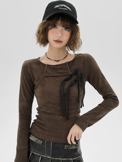 ニットスリムチャイナレトロトップタッセル