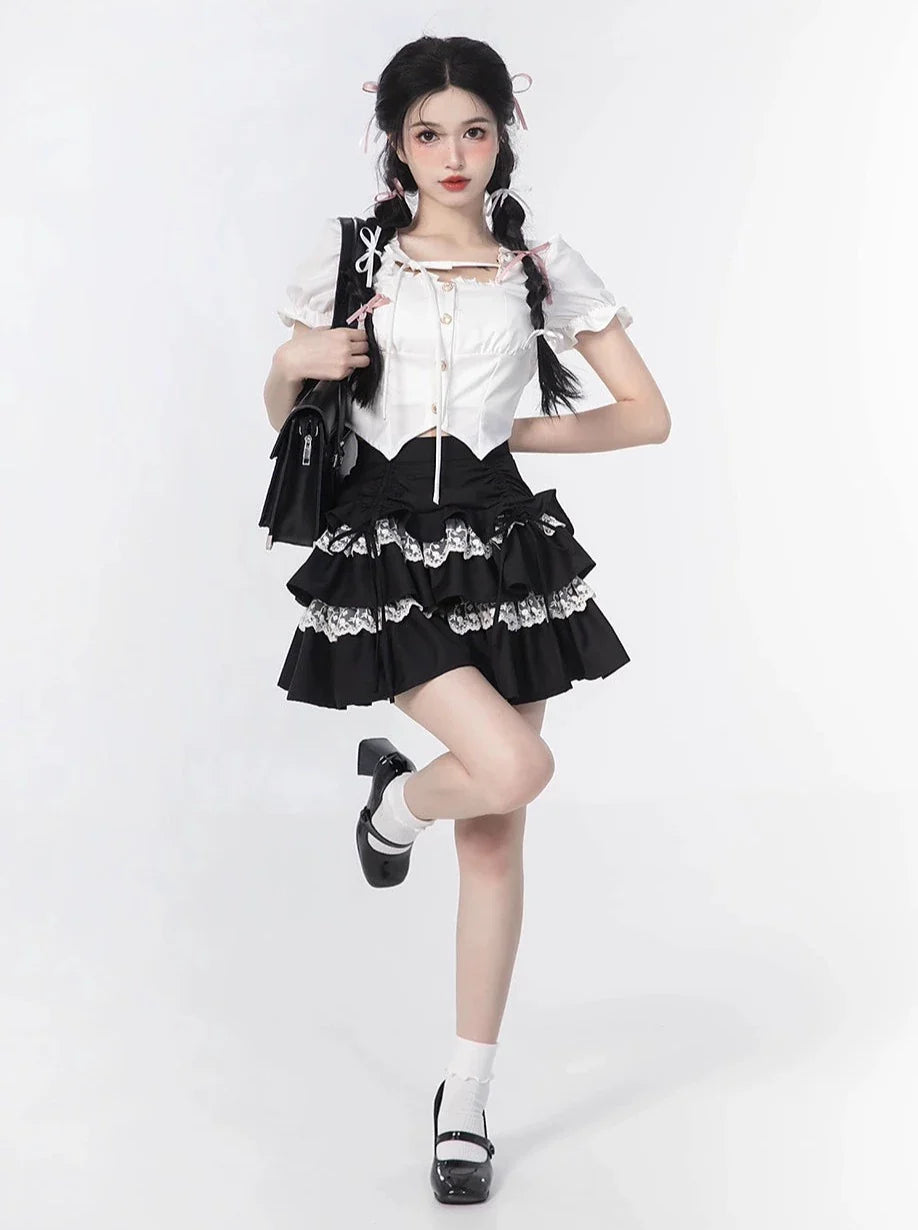 Rock, Oberteil, Ärmel, Rüschen + Puff Cake Bluse