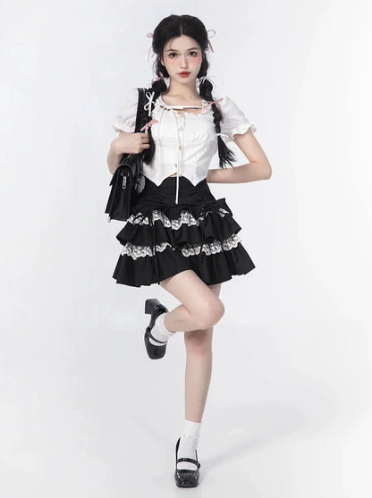 Rock, Oberteil, Ärmel, Rüschen + Puff Cake Bluse