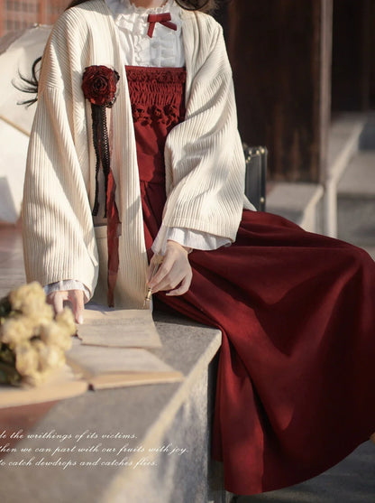 Poem Weave White Feather Dress Innershirt Rose Corsage + Ruffle Red Ruffle Retro Jacket Suspender Rose