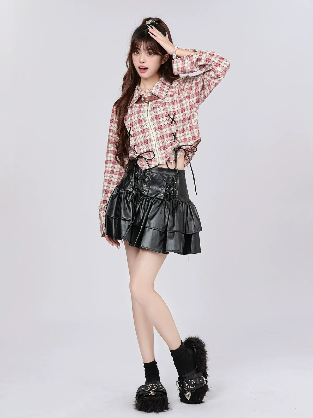 アメリカンチェックデザインショートシャツ レトロストラップ