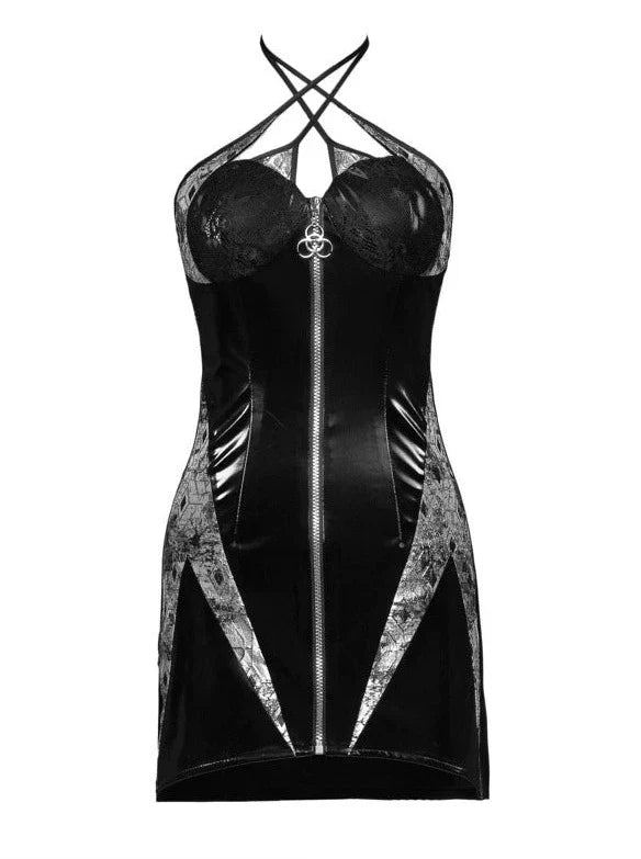 スーツホルターPUパンクスリムジップドレスサスペンダーネック