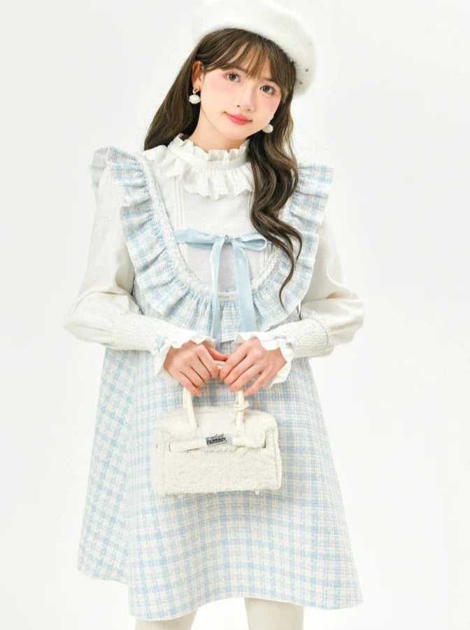 フリルショルダードレス Aライン チェックツイード