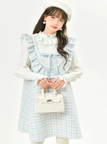 フリルショルダードレス Aライン チェックツイード