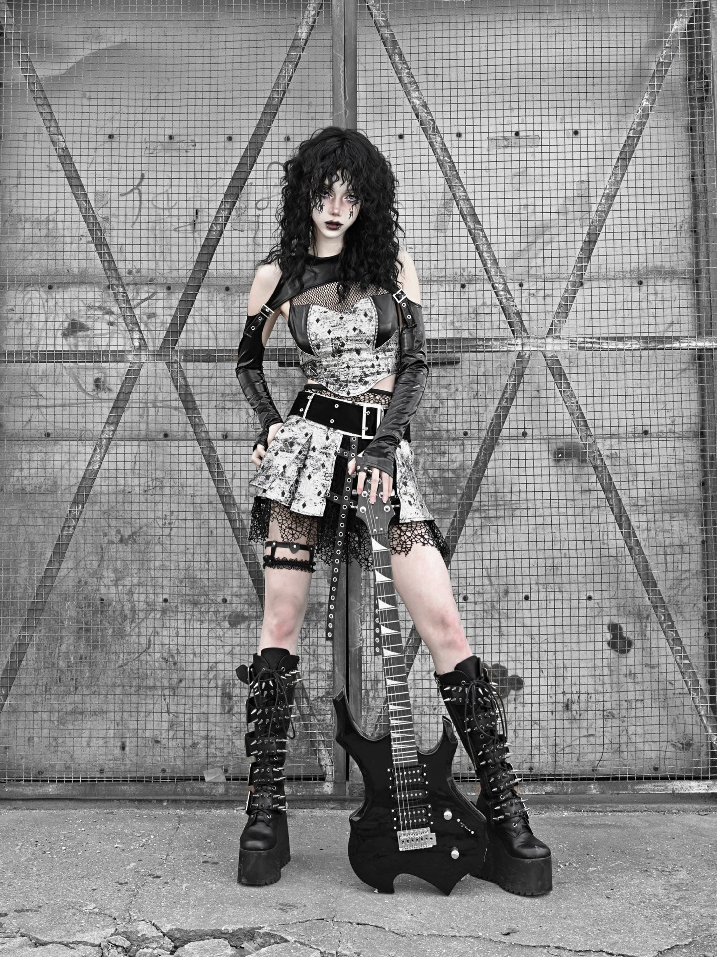 Two Top Mesh Piece Punk PU Liquid Suit Dark Slim