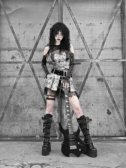 Two Top Mesh Piece Punk PU Liquid Suit Dark Slim